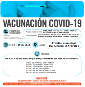 Los nacidos en 1958 y 1959 de nueve localidades segovianas están llamados a vacunar en Arévalo
