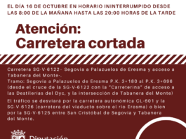 Cartel del corte de tráfico en la carretera provincial SG-V-6122