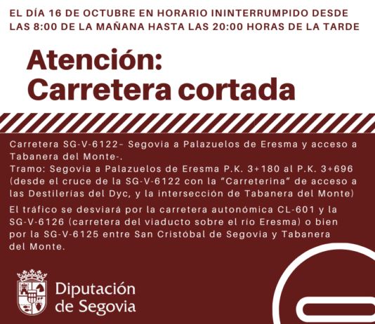 Cartel del corte de tráfico en la carretera provincial SG-V-6122